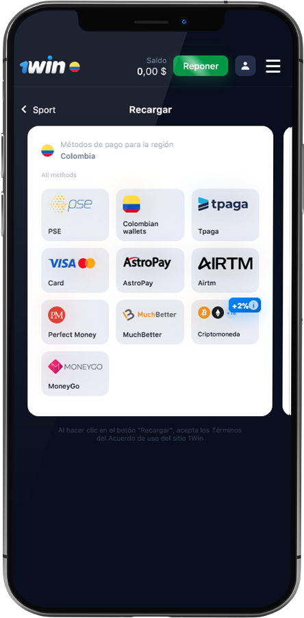 Captura de pantalla de la sección de pagos de la app 1win