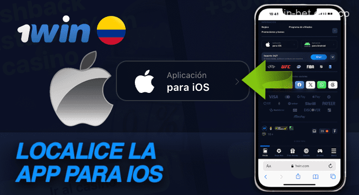 Localice el icono de la aplicación iOS en la parte inferior de la página de inicio de 1win