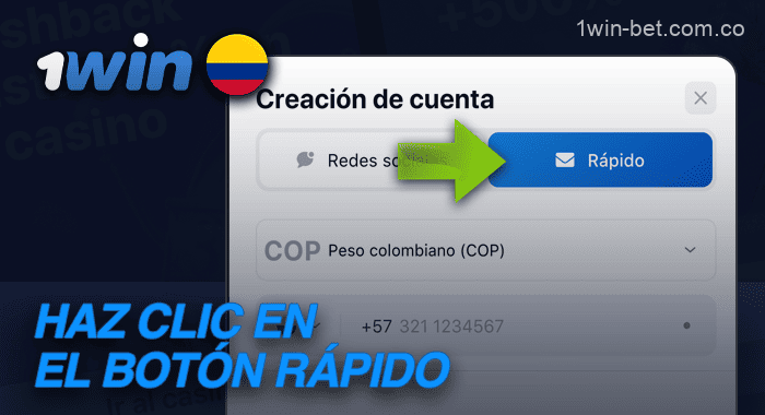 Haga clic en el botón de registro rápido en 1Win