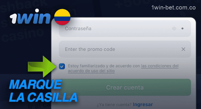 Marque la casilla para aceptar el Acuerdo de usuario de 1Win Colombia