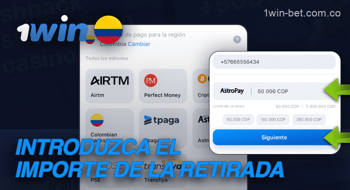 Seleccione un método de pago e introduzca el importe de la retirada de 1win